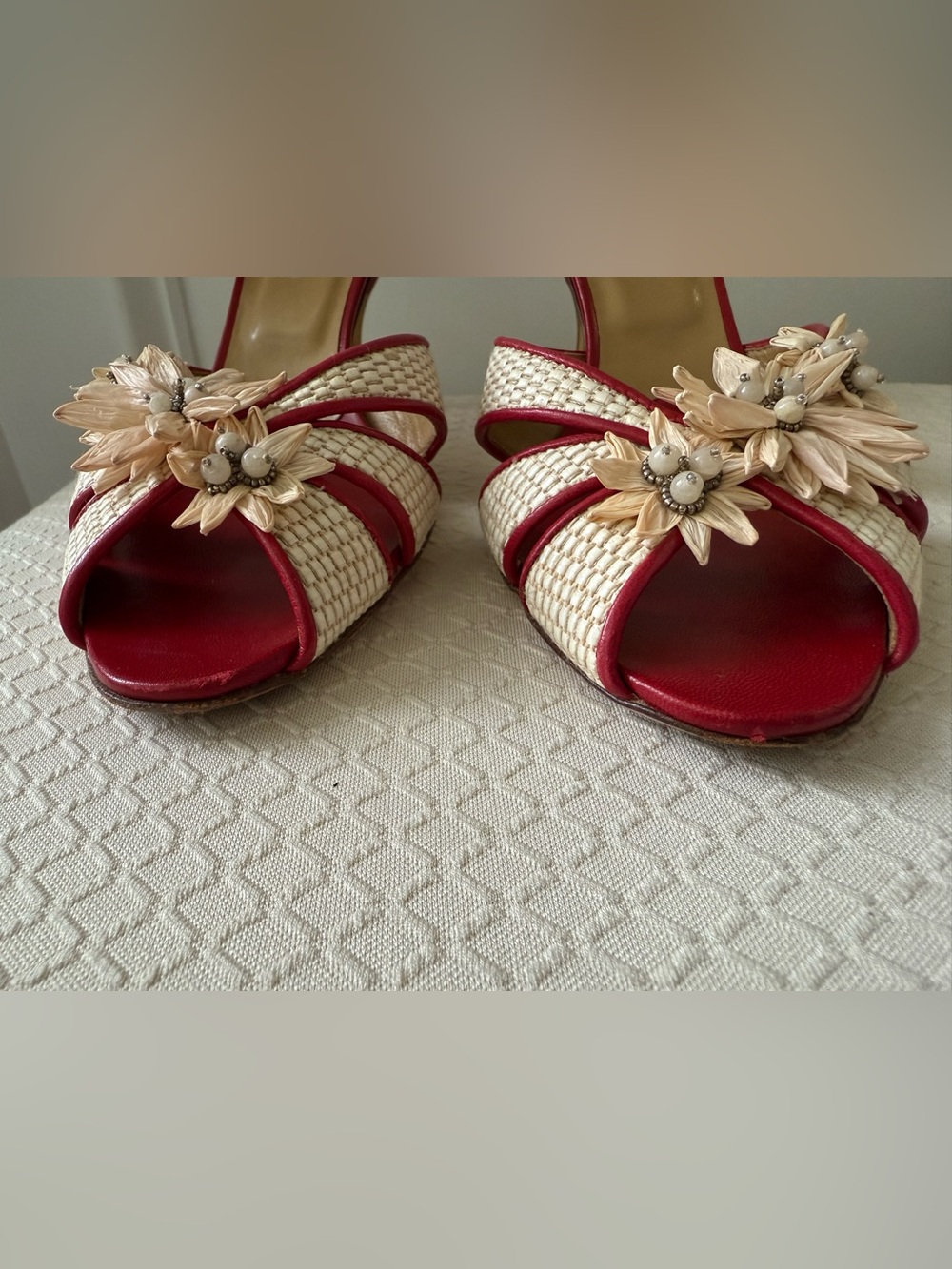 Valentino Garavani Women’s Raffia Floral Slide Mules Red & Beige Size 37 - Picture 2 of 9